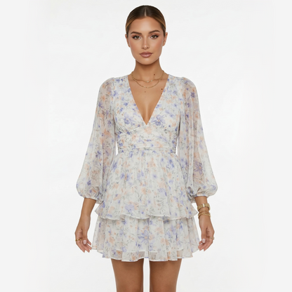 Mini Dress Women's Long Sleeve Deep V-neck Blue Floral Print Tiered Tie Back