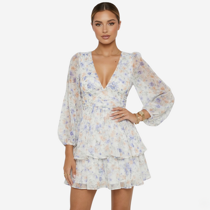 Mini Dress Women's Long Sleeve Deep V-neck Blue Floral Print Tiered Tie Back