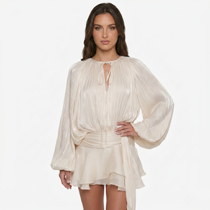 Mini Dress Women's Long Sleeve Pleated Tie Neck Waist Detail
