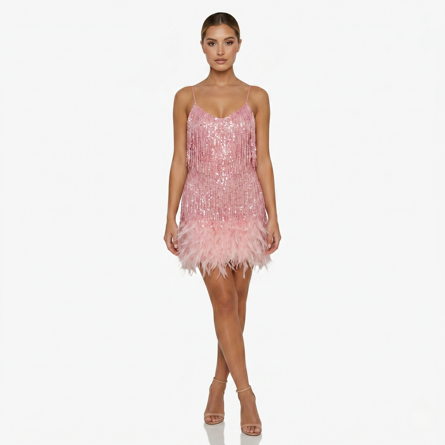 Mini Dress Women’s Sequin Fringe Feather Hem