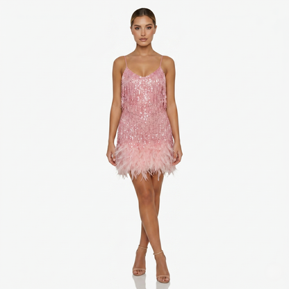 Mini Dress Women’s Sequin Fringe Feather Hem