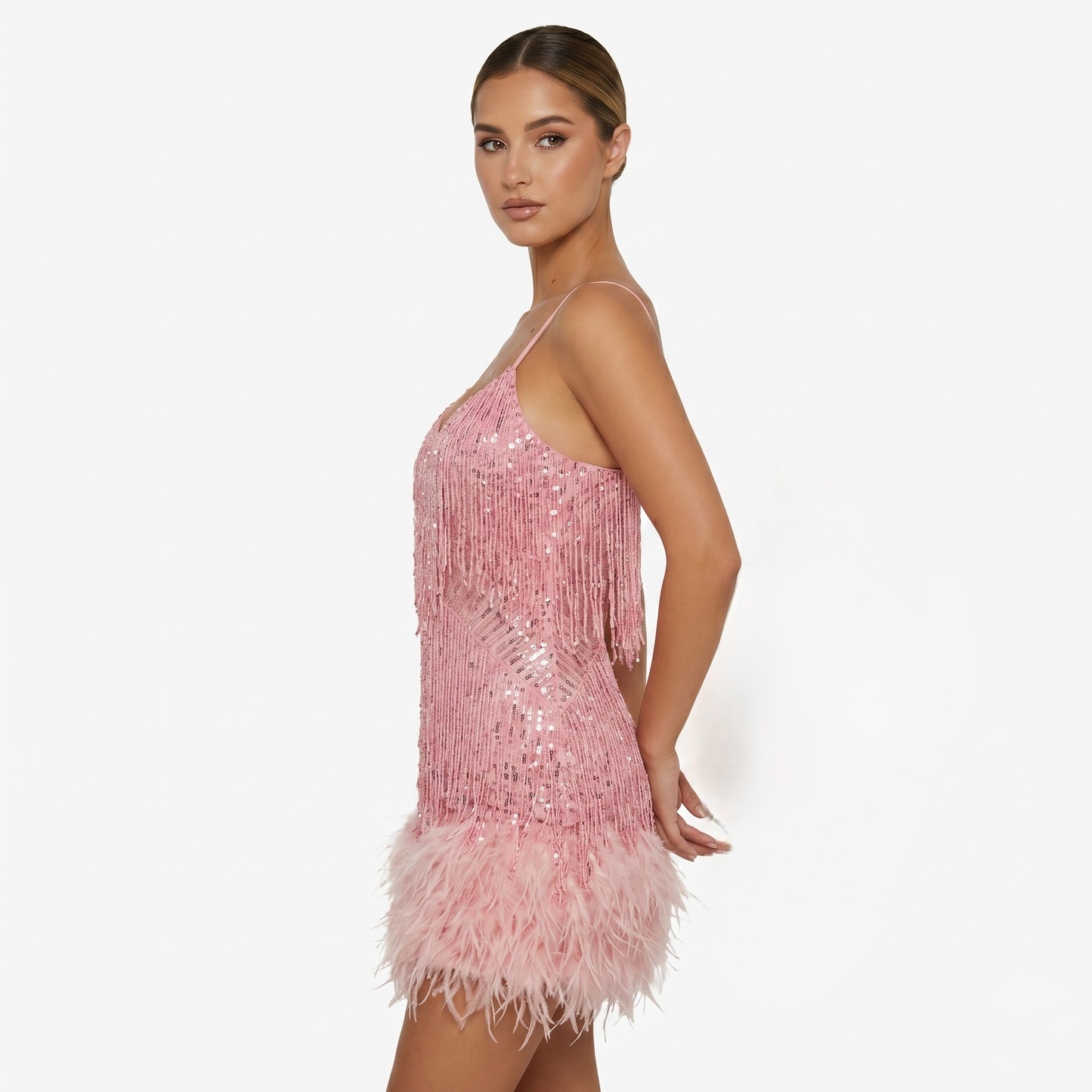 Mini Dress Women’s Sequin Fringe Feather Hem