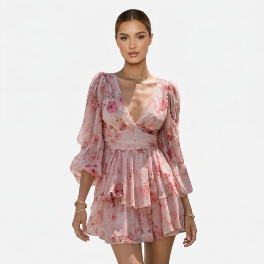 Mini Dress Women's Pink Floral Print Long Sleeve V Neck Ruffle Tiered Tie Back