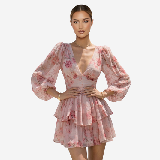 Mini Dress Women's Pink Floral Print Long Sleeve V Neck Ruffle Tiered Tie Back