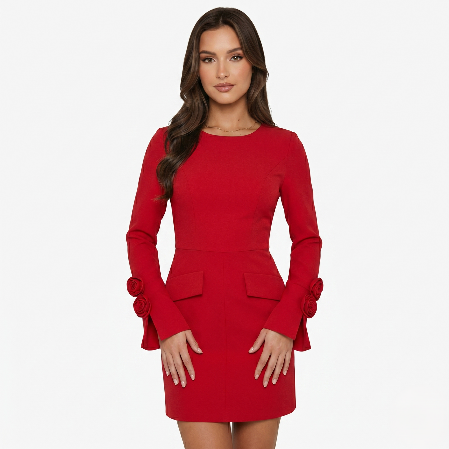 Mini Dress Women's Long Sleeve Bell Sleeve with Rose Detail
