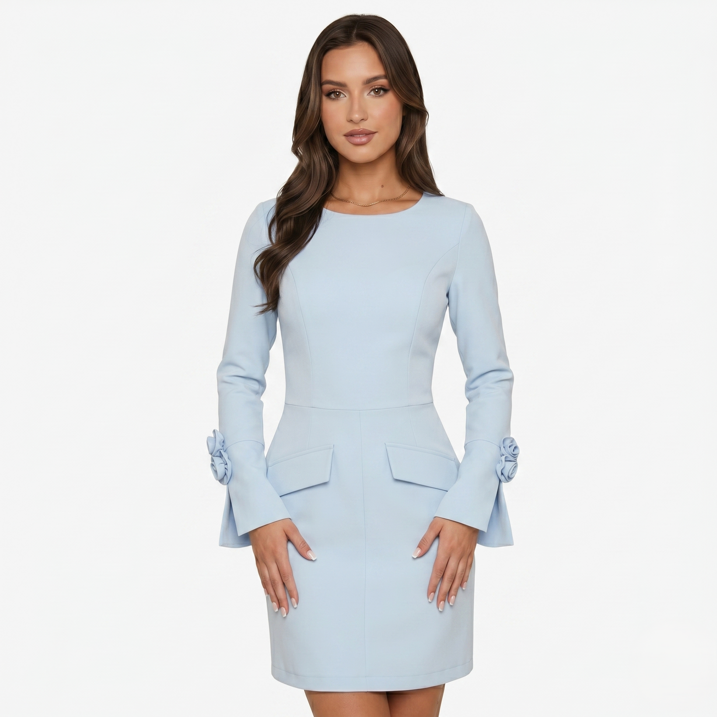 Mini Dress Women's Long Sleeve Bell Sleeve with Rose Detail