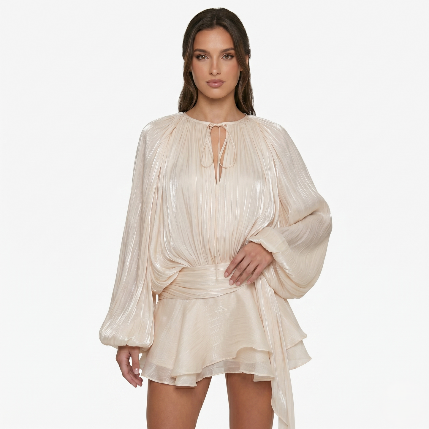 Mini Dress Women's Long Sleeve Pleated Tie Neck Waist Detail