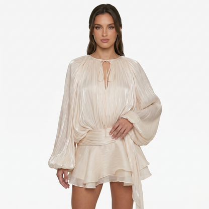Mini Dress Women's Long Sleeve Pleated Tie Neck Waist Detail