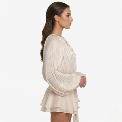Mini Dress Women's Long Sleeve Pleated Tie Neck Waist Detail