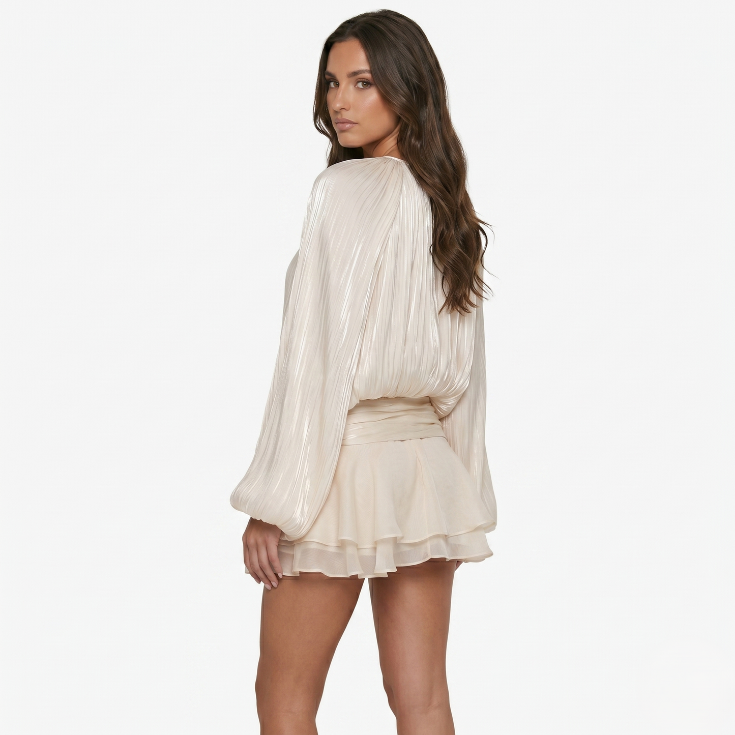 Mini Dress Women's Long Sleeve Pleated Tie Neck Waist Detail