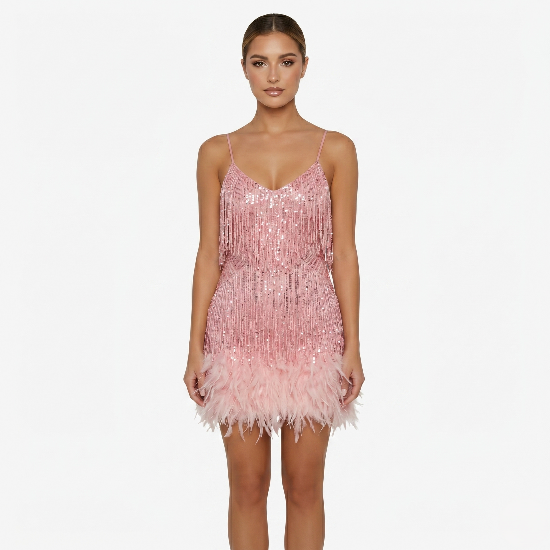 sequin crew neck feather hem mini dress Black Sequin Feather Hem Mini Dress