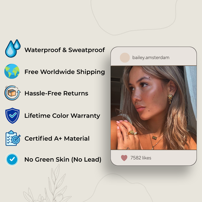 Graphic with a list of product benefits beside a social media style photo of a woman in profile wearing gold jewellery. 4