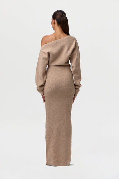 Back view of the camel knit maxi dress, showing the neckline, sleeves and fitted skirt. 17