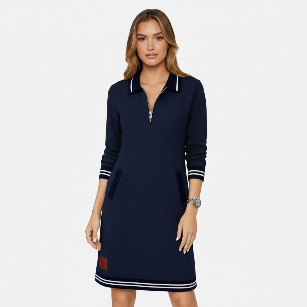 Shift Dress Women's Polo Collar Long Sleeve Half-Zip
