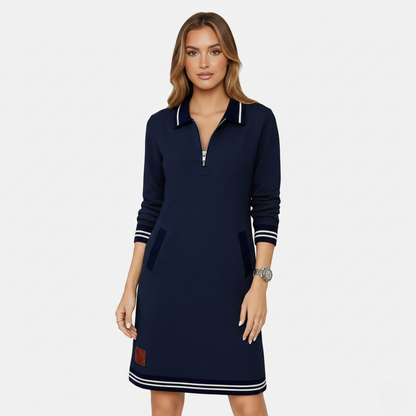 Shift Dress Women's Polo Collar Long Sleeve Half-Zip