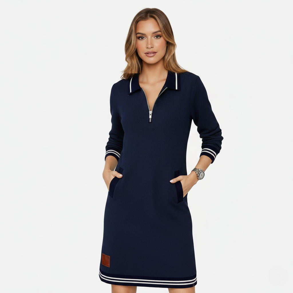 Shift Dress Women's Polo Collar Long Sleeve Half-Zip