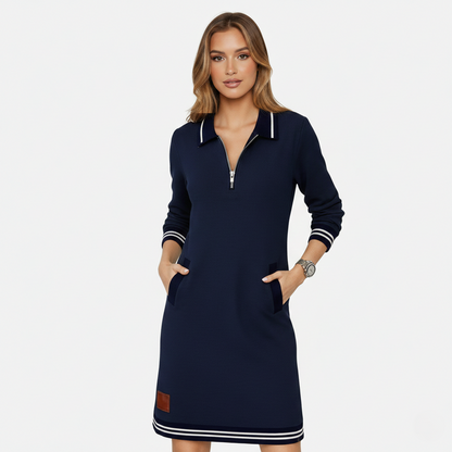 Shift Dress Women's Polo Collar Long Sleeve Half-Zip