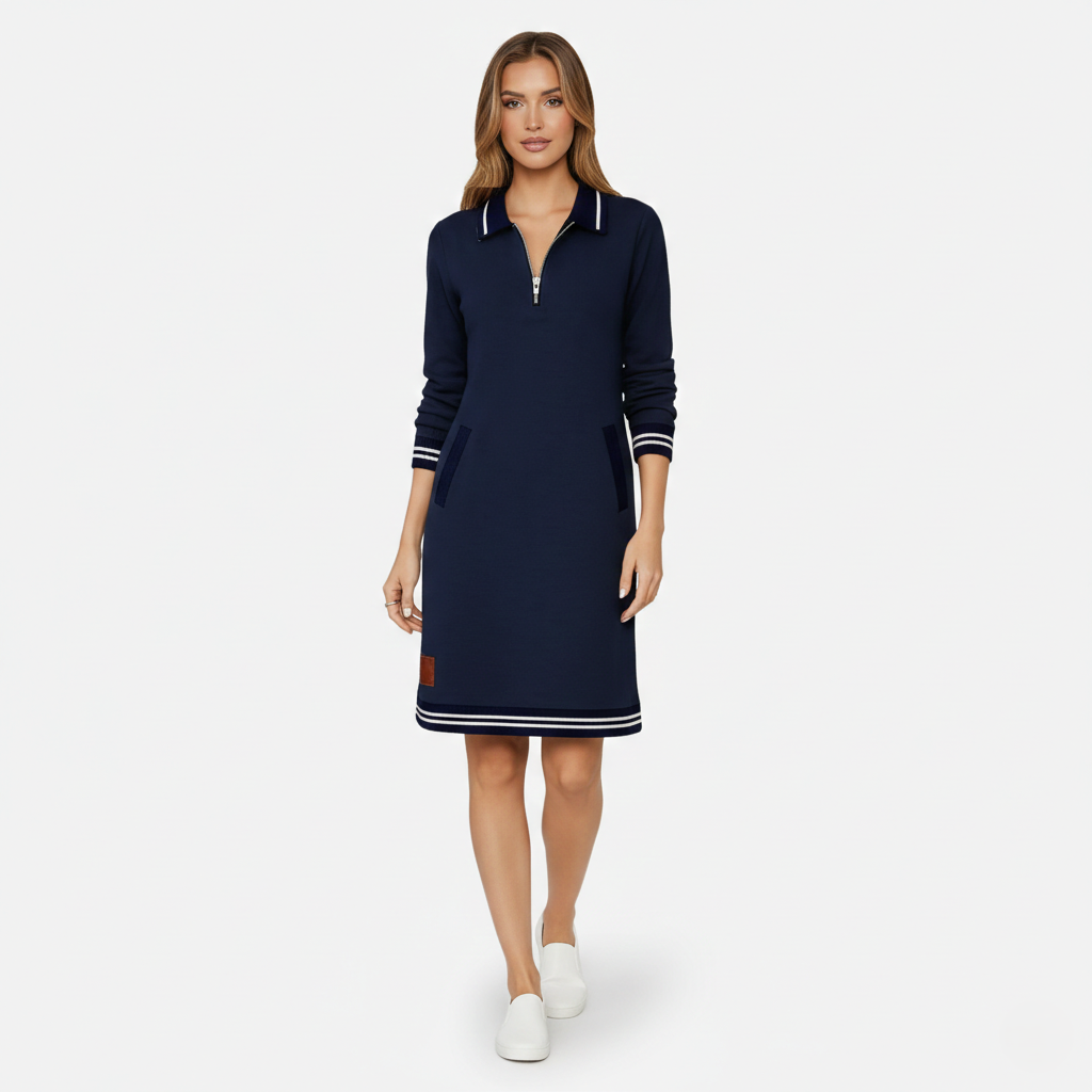 Shift Dress Women's Polo Collar Long Sleeve Half-Zip