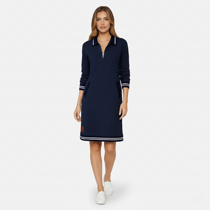 Shift Dress Women's Polo Collar Long Sleeve Half-Zip