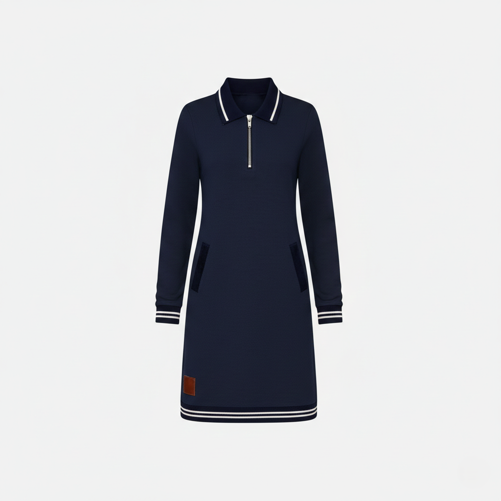 Shift Dress Women's Polo Collar Long Sleeve Half-Zip