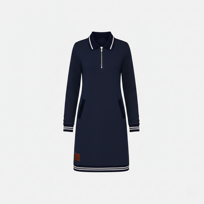Shift Dress Women's Polo Collar Long Sleeve Half-Zip