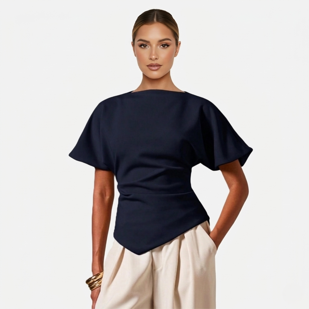 Ruched Blouse Women's Boat Neck Batwing Sleeve Asymmetric Hem