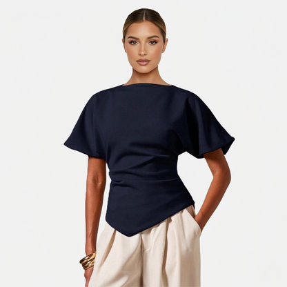 Ruched Blouse Women's Boat Neck Batwing Sleeve Asymmetric Hem