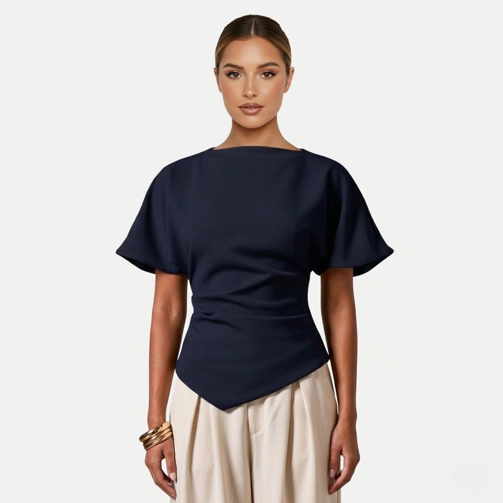 Ruched Blouse Women's Boat Neck Batwing Sleeve Asymmetric Hem