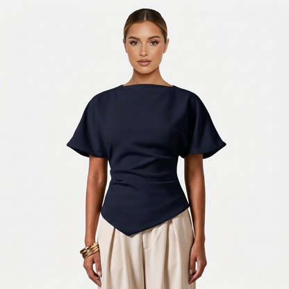 Ruched Blouse Women's Boat Neck Batwing Sleeve Asymmetric Hem