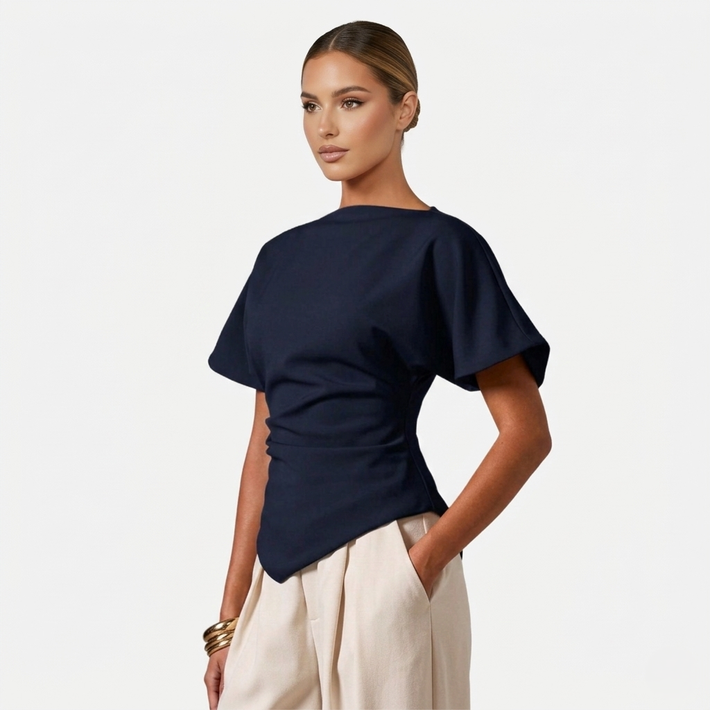 Ruched Blouse Women's Boat Neck Batwing Sleeve Asymmetric Hem