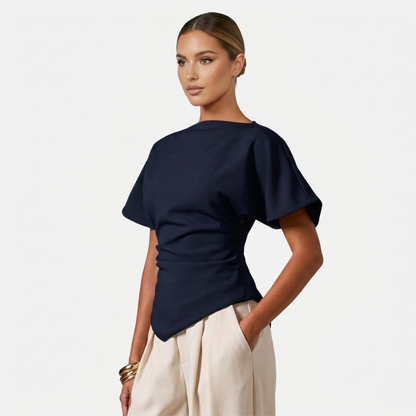 Ruched Blouse Women's Boat Neck Batwing Sleeve Asymmetric Hem