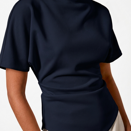 Ruched Blouse Women's Boat Neck Batwing Sleeve Asymmetric Hem