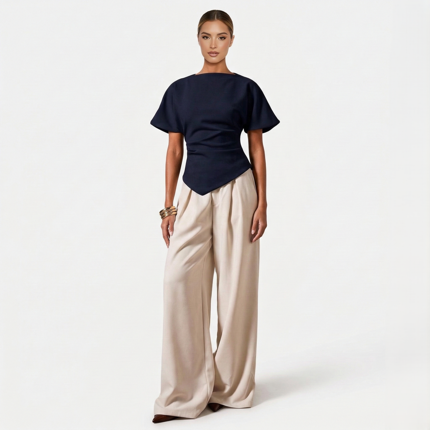 Ruched Blouse Women's Boat Neck Batwing Sleeve Asymmetric Hem