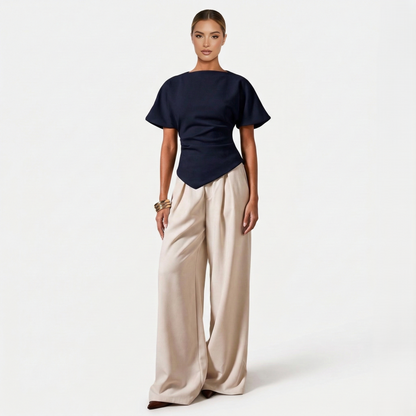 Ruched Blouse Women's Boat Neck Batwing Sleeve Asymmetric Hem