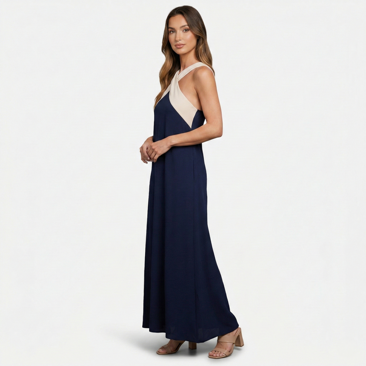 Maxi Dress Women's Color Block Crossover Neckline Sleeveless