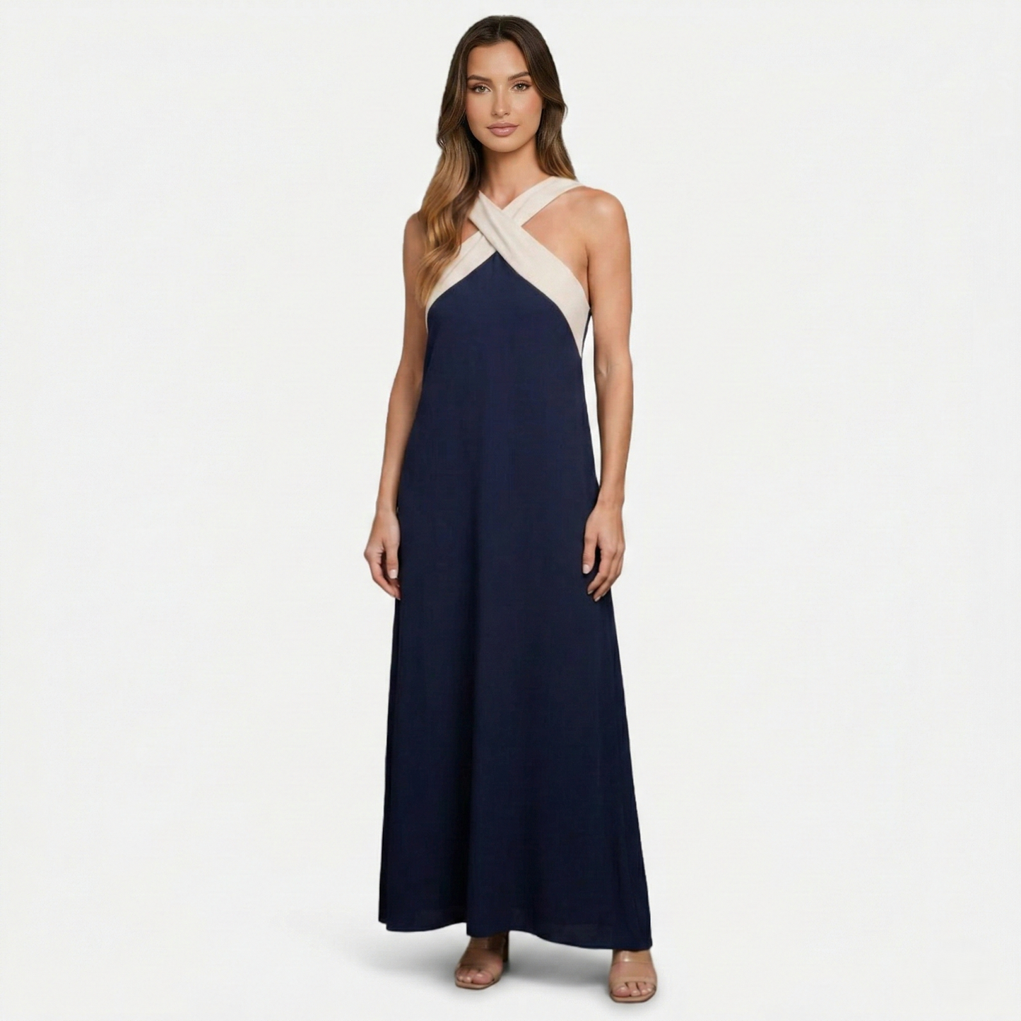 Maxi Dress Women's Color Block Crossover Neckline Sleeveless