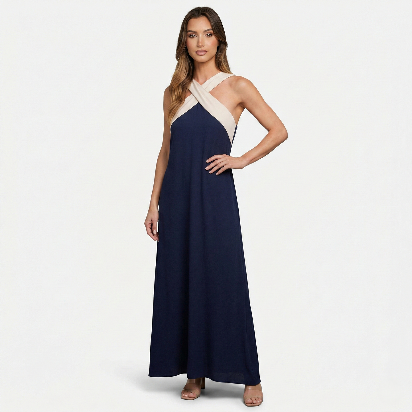 Maxi Dress Women's Color Block Crossover Neckline Sleeveless