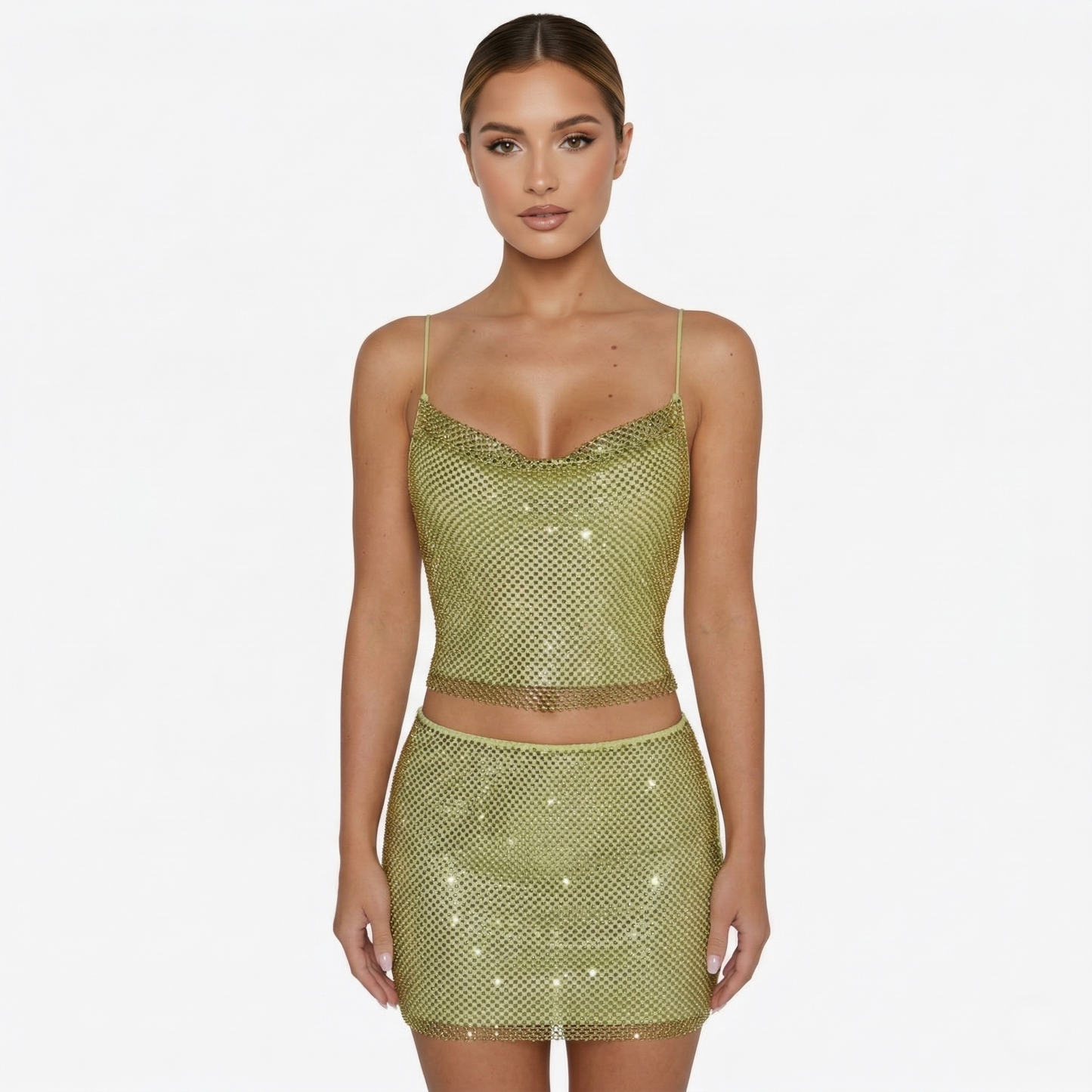 Women's sparkle two piece set with cami top and mini skirt, slim straps and fitted silhouette with mesh overlay appearance, fully lined for evening wear