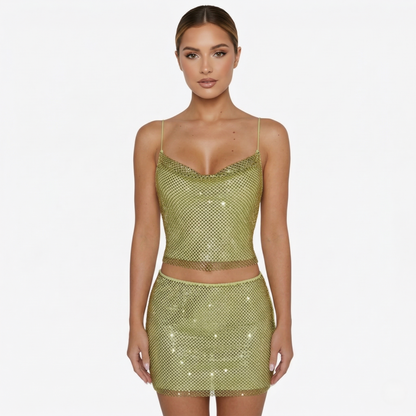 Women's sparkle two piece set with cami top and mini skirt, slim straps and fitted silhouette with mesh overlay appearance, fully lined for evening wear