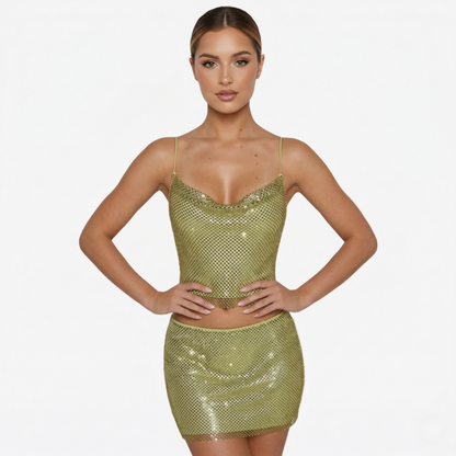 Two Piece Set Women's Cami Top and Mini Skirt Sparkle Mesh