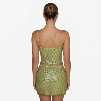 Two Piece Set Women's Cami Top and Mini Skirt Sparkle Mesh