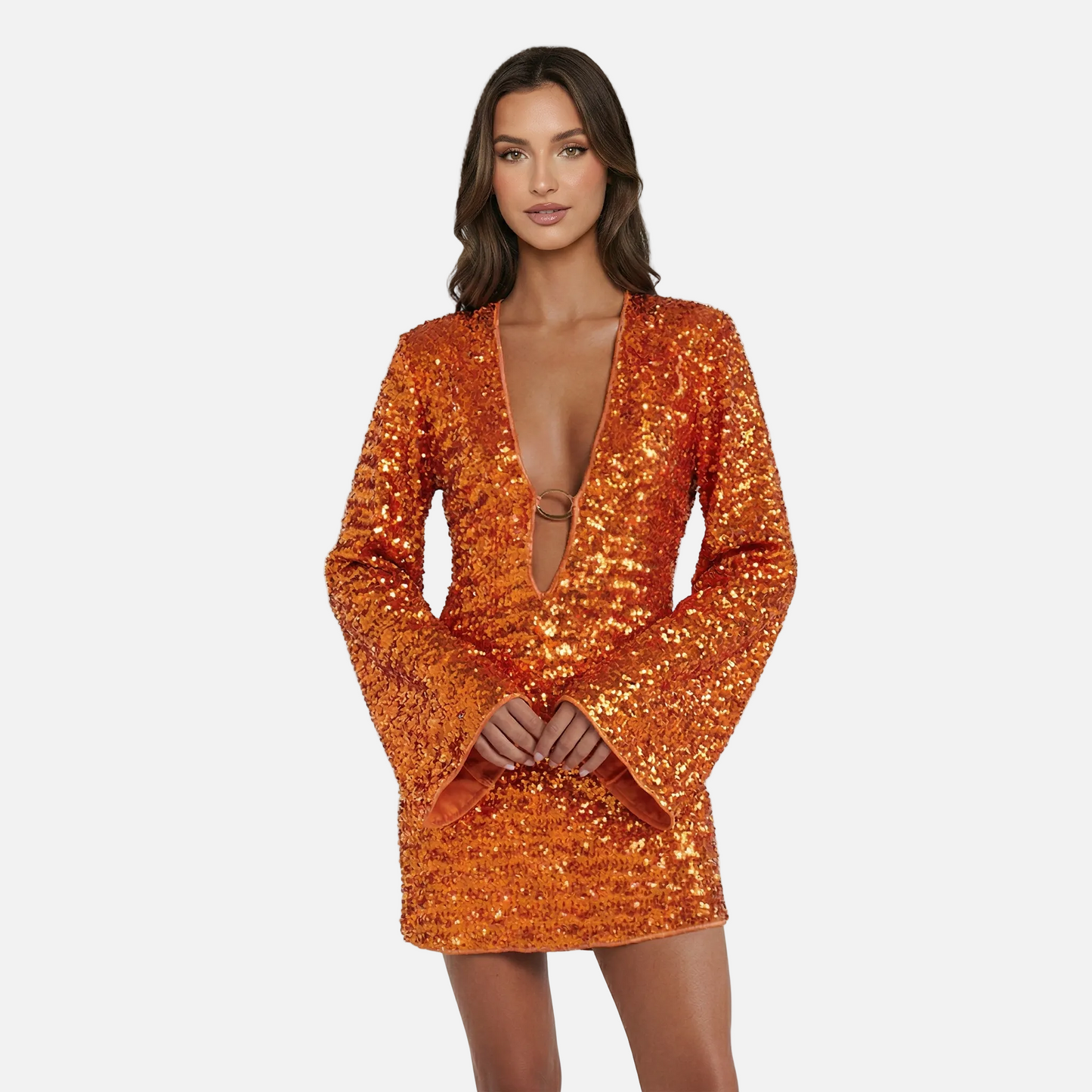 Mini Dress Women's Sequin V-neck Bell Sleeve Ring Detail