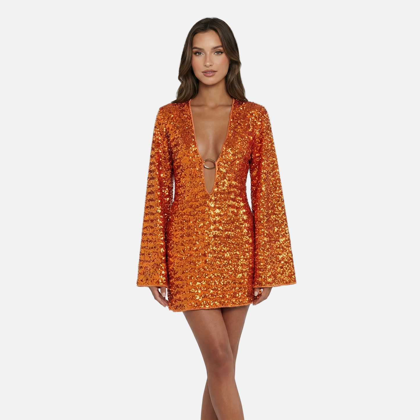 Mini Dress Women's Sequin V-neck Bell Sleeve Ring Detail