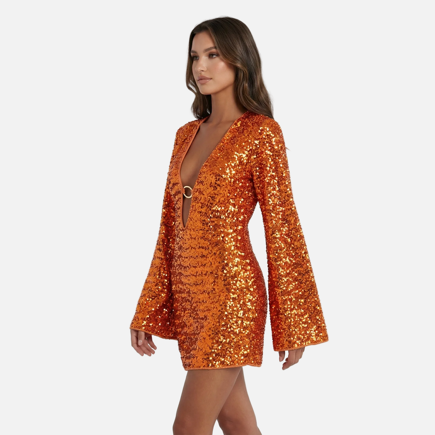 Mini Dress Women's Sequin V-neck Bell Sleeve Ring Detail
