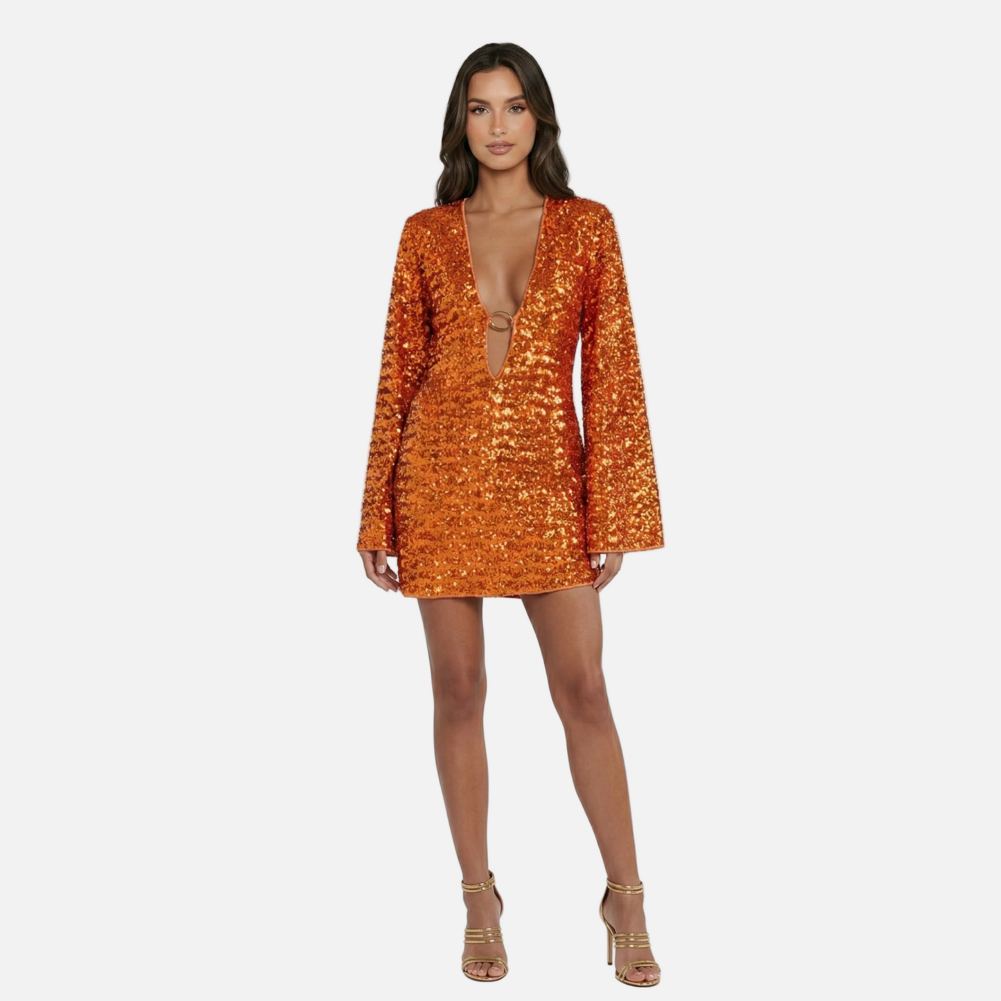 Mini Dress Women's Sequin V-neck Bell Sleeve Ring Detail