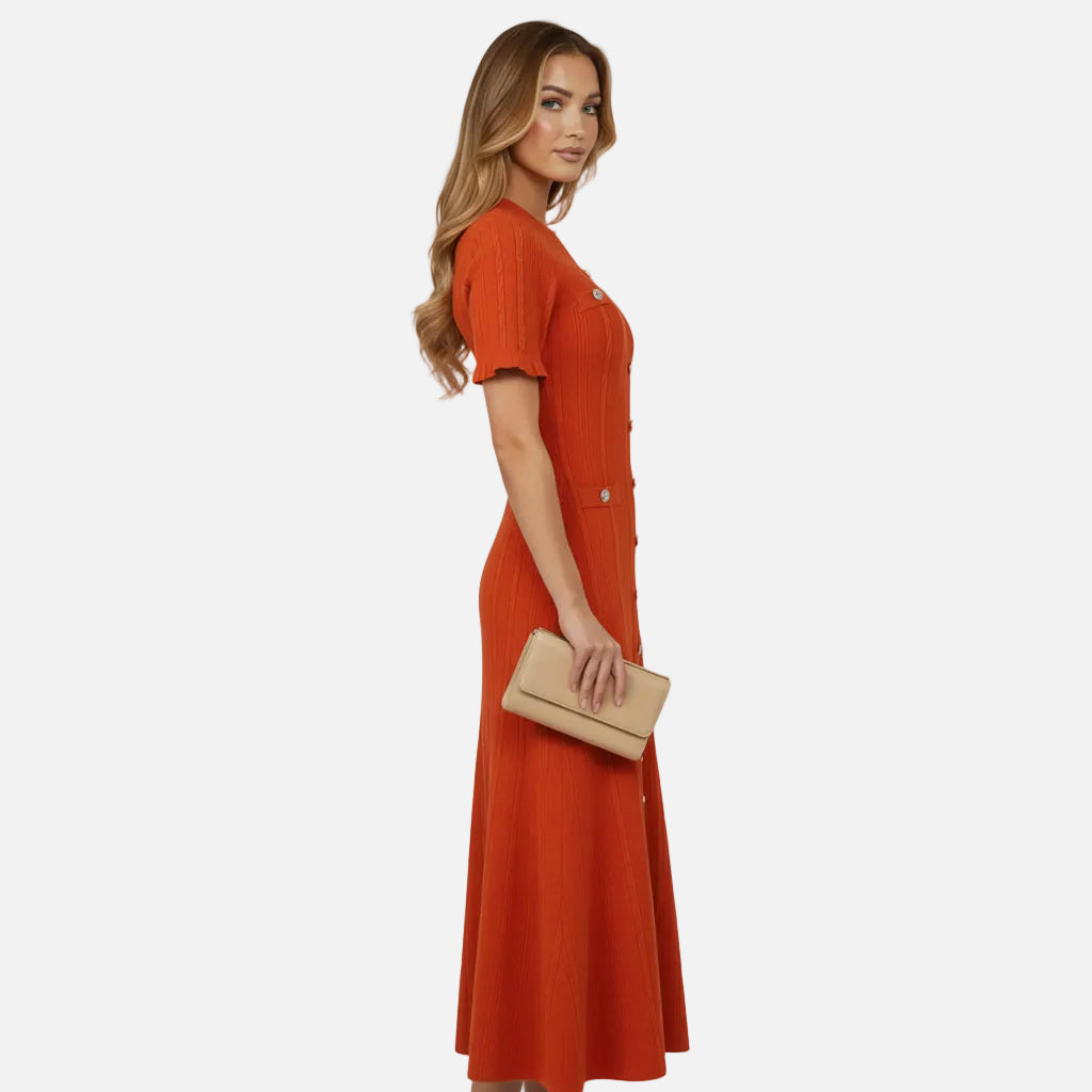 Mavenburry | Women’s Button-Front Ribbed Knit Long Midi Dress