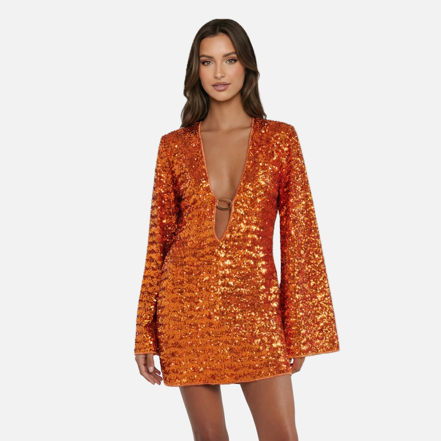 Mini Dress Women's Sequin V-neck Bell Sleeve Ring Detail