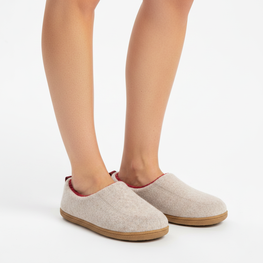 Woman's bare legs wearing the cream beige slippers, with red lining visible at the opening and tan soles. 8