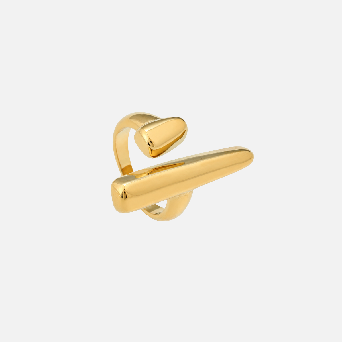 Same open ring turned at an angle, showing the long bar lying across the band beside the small rounded tip. 2