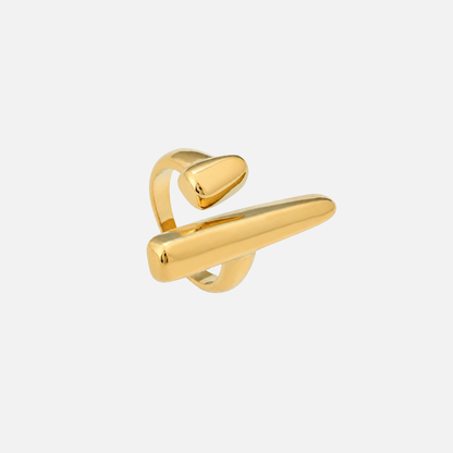 Same open ring turned at an angle, showing the long bar lying across the band beside the small rounded tip. 2